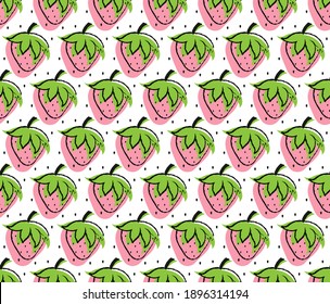 Erdbeere süße Illustration. Grafisches geometrisches nahtloses Muster. Handgezeichnetes Cartoon-Design. Weißer Hintergrund. Vektor 10