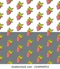 Strawberry fruit seamless pattern, summer cute illustration. Graphic geometrical ornament. Hand drawn cartoon colored design. White, grey easy editable background, vector