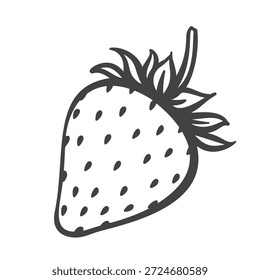 Fruto de fresa con semillas y tallo frondoso. Baya fresca de la cosecha de la granja, detalle natural de la producción. Estilo de grabado monocromático de contorno, arte de línea vintage. Ilustración vectorial.