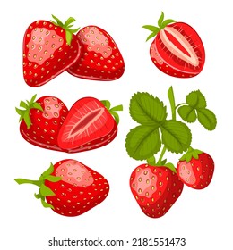 strawberry fruit set cartoon vector. fresh red berry, sweet leaf, juice summer food strawberry fruit vector illustration