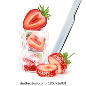 Strawberry fruit set with ice cube isolated element in the middle on white background. Realistic vector in 3D illustration.