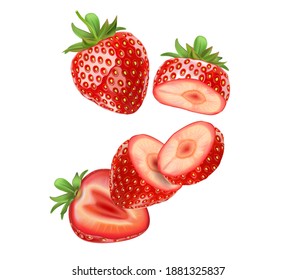 Strawberry fruit set isolated element in the middle on white background. Realistic vector in 3D illustration.