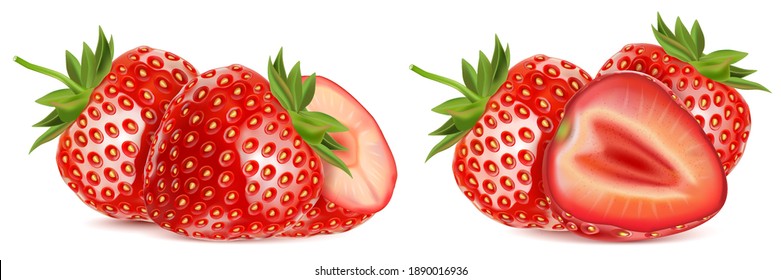 Strawberry fruit set isolated element in the middle on white background. Realistic vector in 3D illustration.