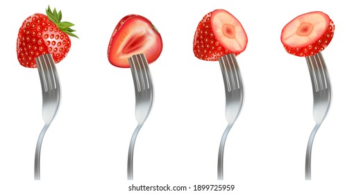 Strawberry fruit set with metal fork isolated element in the middle on white background. Realistic vector in 3D illustration.