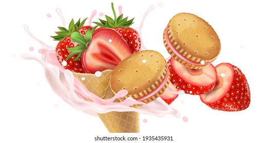 Strawberry fruit set with milky splashing isolated element in the middle on white background. Realistic vector in 3D illustration.