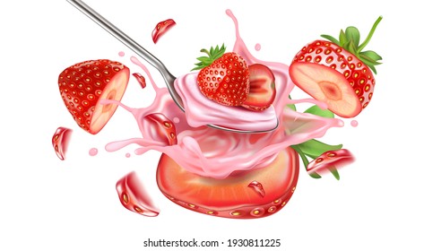 Strawberry fruit set splashing isolated element in the middle on white background. Realistic vector in 3D illustration.
