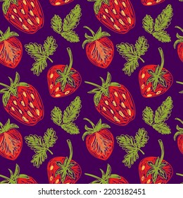 Strawberry fruit sketch seamless pattern. Color vector illustration. Pen or marker doodle drawing
