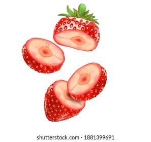 Strawberry fruit slice of pieces isolated element in the middle on white background. Realistic vector in 3D illustration.