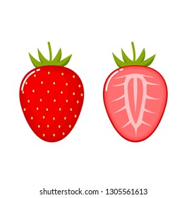 Strawberry fruit and slices. Red berries Isolated on white background. set icons. Vector illustration.