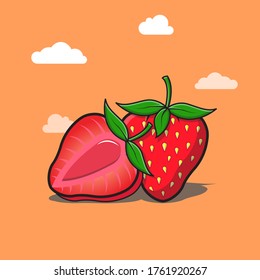 Strawberry Fruit and Strawberry slices Vector Illustration. Flat Cartoon Characters suitable for coloring pages, Landing Page, icon, logo, Banner, label, patch, sticker.