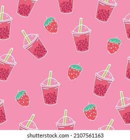 Strawberry fruit and strawberry smoothie on cup with tapioca pearl illustration on pink background. hand drawn vector, seamless pattern. doodle art for wallpaper, wrapping paper and gift, textile. 