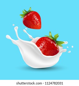 strawberry fruit and splashes of milk. fruit and fresh milk.