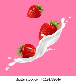 strawberry fruit and splashes of milk. fruit and fresh milk.