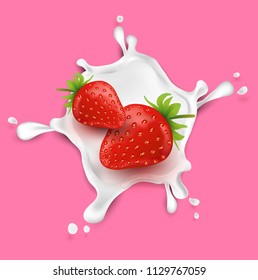 strawberry fruit and splashes of milk. fruit and fresh milk.