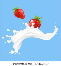 strawberry fruit and splashes of milk. fruit and fresh milk. vector illustration