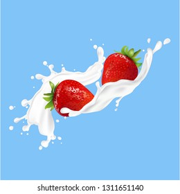 strawberry fruit and splashes of milk. fruit and fresh milk. vector illustration