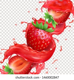 Strawberry fruit in splashing juice flowing in motion realistic vector icon.