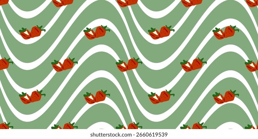 Strawberry Fruit Summer Pattern. Seamless pattern with red strawberries and green leaves in flat cartoon style. Juicy summer fruit design on wavy green and white background, isolated.