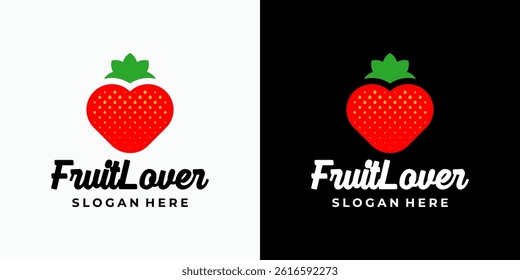Strawberry fruit vector logo design in heart shape with modern, simple, clean and abstract style. Icon for business, food and beverage, fruits and personal branding.