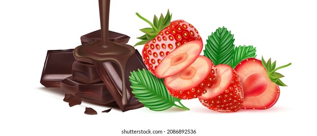 Strawberry fruits with chocolate of pieces element in the middle on white background. Realistic vector in 3D illustration.