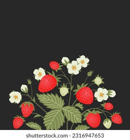 Strawberry with fruits and flowers on the black background. Stylized floral card. Decorative print design. Vector illustration.