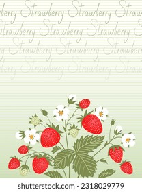 Strawberry with fruits and flowers on striped background. Stylized floral card. Decorative print design.