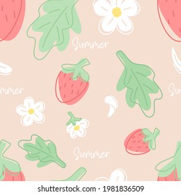 Strawberry fruits and flowers seamless background.