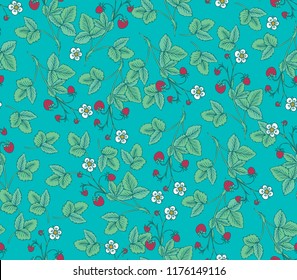 Strawberry fruits and flowers - seamless vector pattern