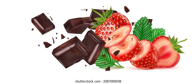 Strawberry fruits flying with strawberries and chocolate of pieces element in the middle on white background. Realistic vector in 3D illustration.