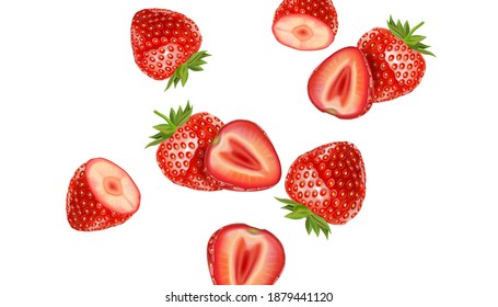 Strawberry fruits flying with strawberries of pieces element in the middle on white background. Realistic vector in 3D illustration.