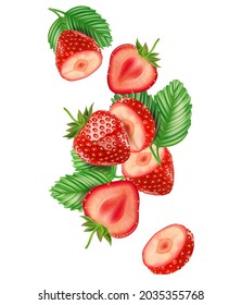 Strawberry fruits flying with strawberries of pieces element in the middle on white background. Realistic vector in 3D illustration.