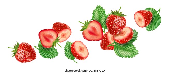 Strawberry fruits flying with strawberries of pieces element in the middle on white background. Realistic vector in 3D illustration.