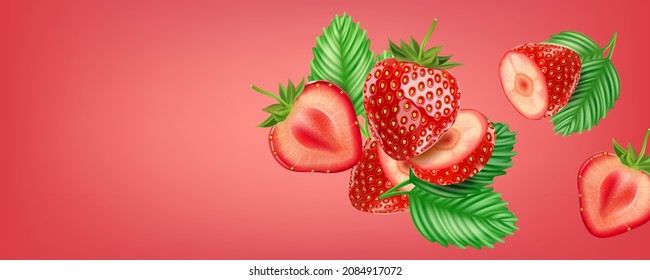Strawberry fruits flying with strawberries of pieces element in the middle on solid color background. Realistic vector in 3D illustration.