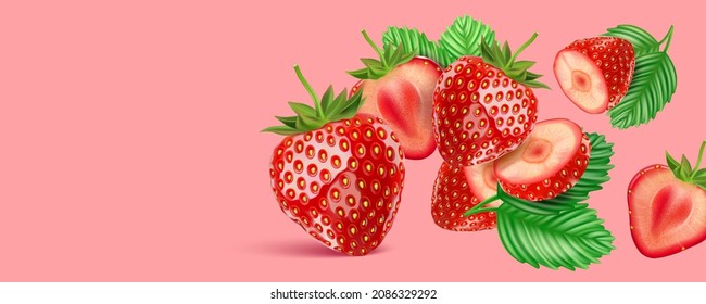 Strawberry fruits flying with strawberries of pieces element in the middle on solid color background. Realistic vector in 3D illustration.