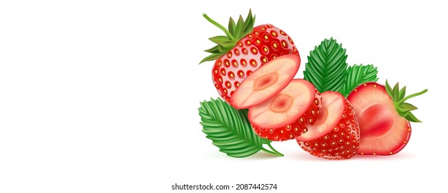 Strawberry fruits flying with strawberries of pieces element in the middle on white background. Realistic vector in 3D illustration.