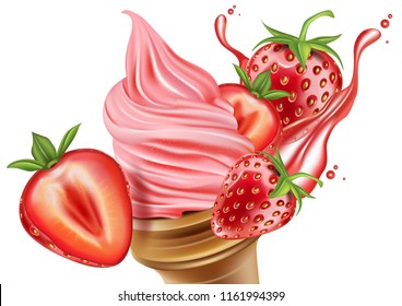 Strawberry fruits ice cream isolated on white background, Vector 3D realistic with liquid splashing in 3D illustration. Of free space for your copy and branding. Food concept for advertising.