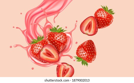 Strawberry fruits juice splashing with strawberries of piece elements in the middle on solid color background. Realistic vector in 3D illustration.