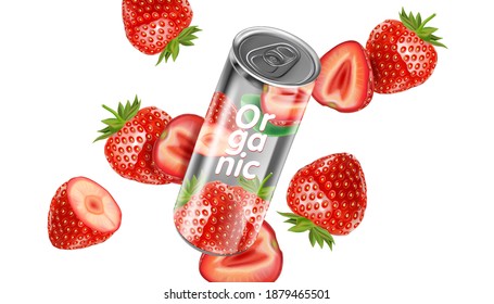 Strawberry fruits with Packaging mock up element in the middle on white background. Realistic vector in 3D illustration.