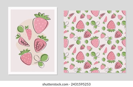 Frutas de fresa en diseño plano. Póster y patrón sin costuras con fresa para tela, tarjetas, papel pintado en estilo boho.