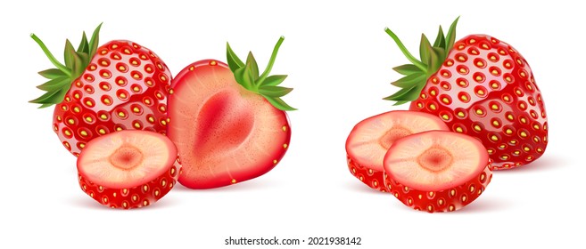 Strawberry fruits set with strawberries of pieces element in the middle on white background. Realistic vector in 3D illustration.