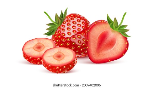Strawberry fruits set with strawberries slice of pieces element in the middle on white background. Realistic vector in 3D illustration.
