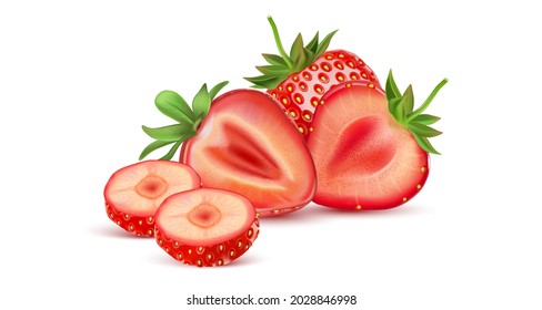 Strawberry fruits with strawberries of pieces element in the middle on white background. Realistic vector in 3D illustration.