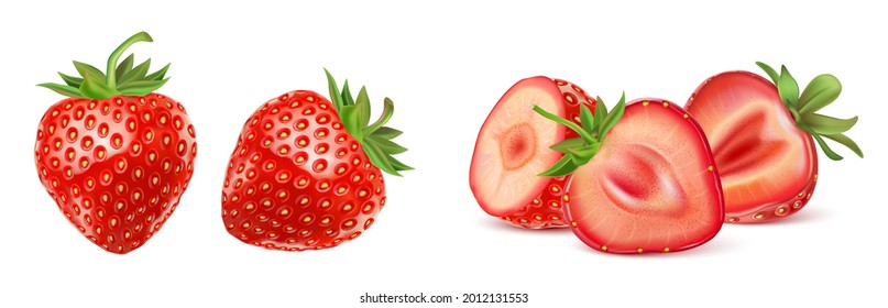 Strawberry fruits with strawberries slice of pieces element in the middle on white background. Realistic vector in 3D illustration.
