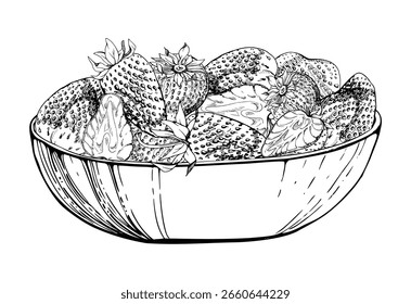 Fresa completa y cortada por la mitad servida en un tazón de vidrio, cosecha de fresa de fresa de fresa de jardín madura. Ilustración aislada dibujada a mano en tinta de Vector. Preservaciones de comestibles del mercado de agricultores