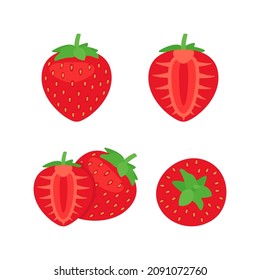 Strawberry full, half and cut food, side and top view. Red berry with vitamins. Summer harvest. Healthy and tasty food. Vector flat illustration