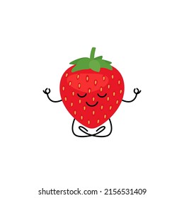 Strawberry full red berry food, happy character kawaii meditate for relax. Face red berry with vitamins. Summer harvest. Healthy and tasty food. Vector illustration