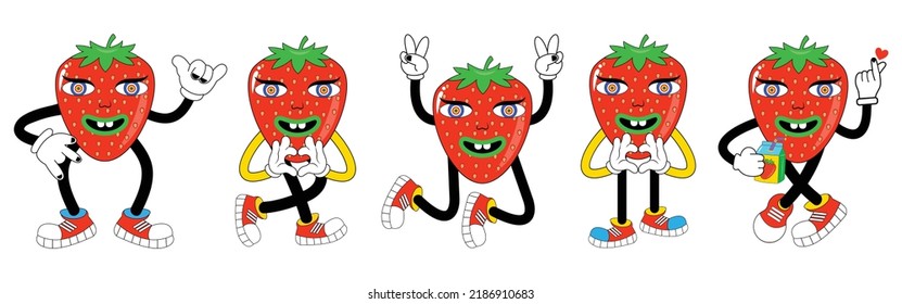 Strawberry funny cartoon characters in trendy retro style. Cartoon abstract groovy comic funny emoji characters. Cute comic doodle stickers, psychedelic sticker, hallucination weird shapes.