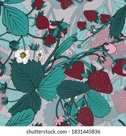Strawberry. Garden strawberry Bush with berries and flowers. 
Vector pattern with strawberries. Hand drawing.