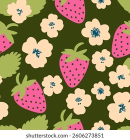 Strawberry  garden pattern on green background, pattern design
