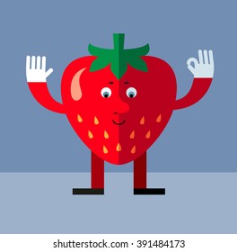 Strawberry gesturing okay. Flat style vector illustration . Funny cartoon character